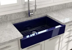 BOCCHI Nuova 34" Fireclay Retrofit Farmhouse Sink with Accessories, Sapphire Blue, 1551-010-0120