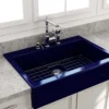 BOCCHI Nuova 34" Fireclay Retrofit Drop-In Farmhouse Sink with Accessories, Sapphire Blue, 1500-010-0127