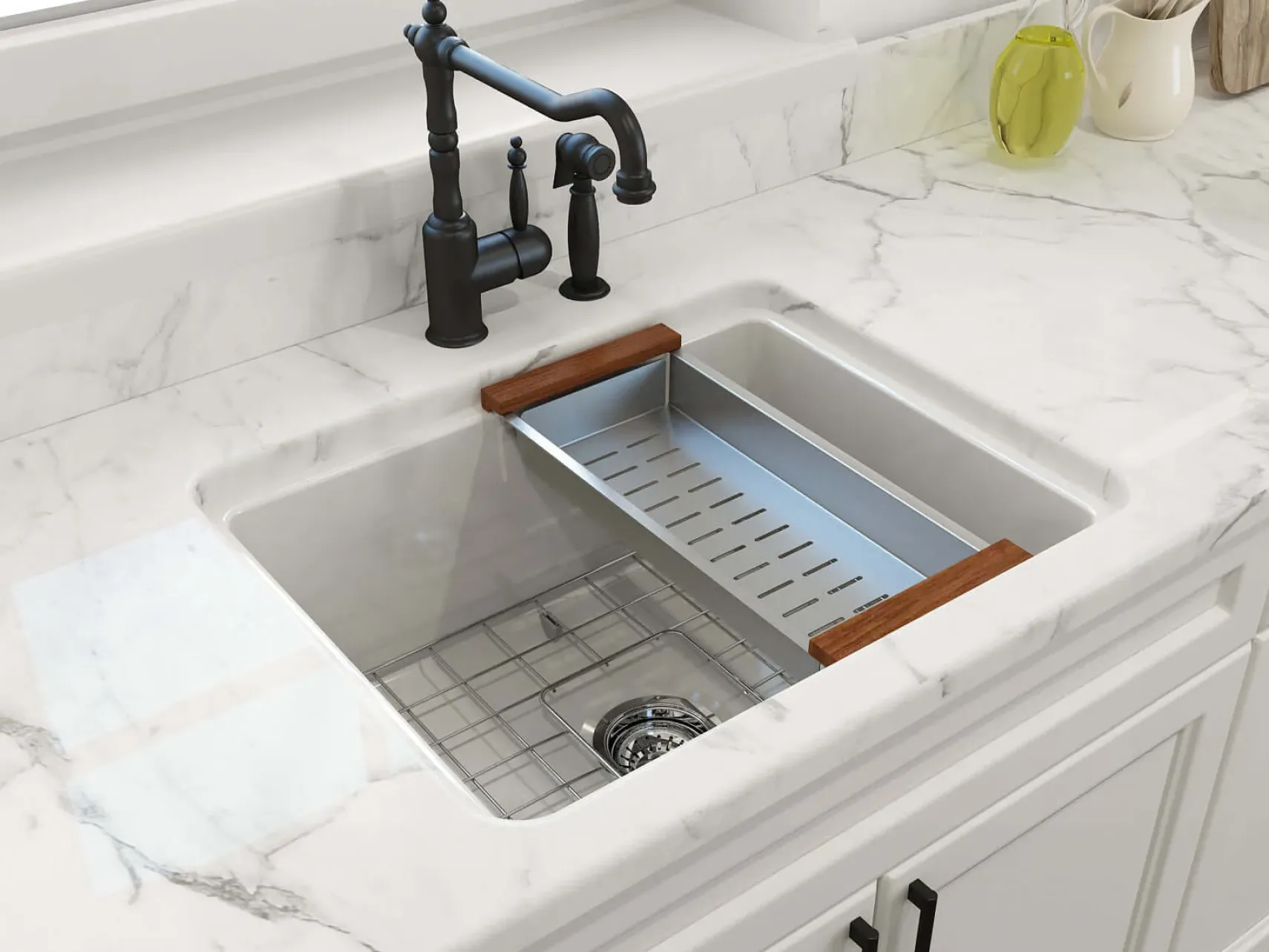 BOCCHI Sotto 24" Dual Mount Fireclay Kitchen Sink Kit with Accessories, White, 1627-001-0120