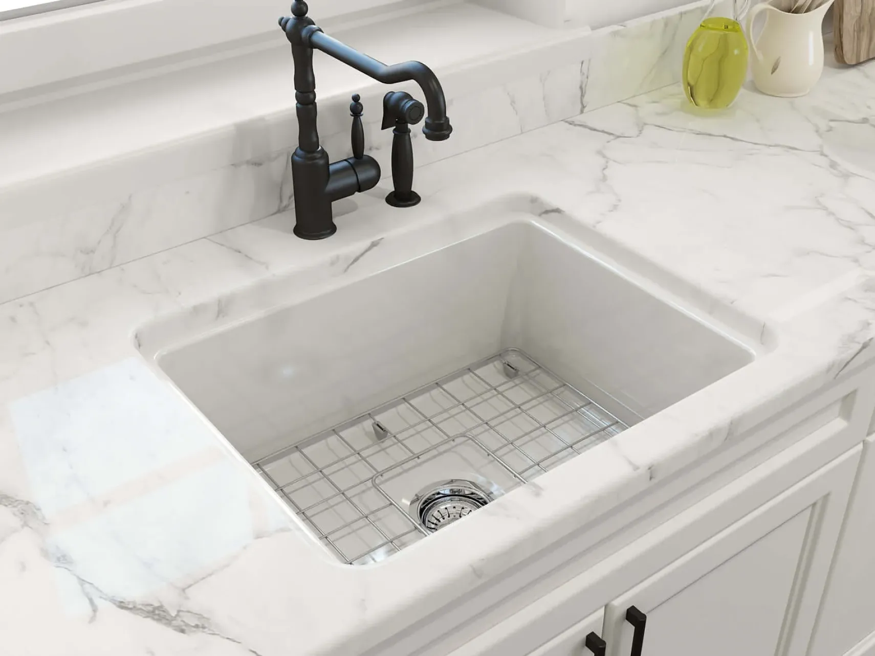 BOCCHI Sotto 24" Dual Mount Fireclay Kitchen Sink Kit with Accessories, White, 1627-001-0120