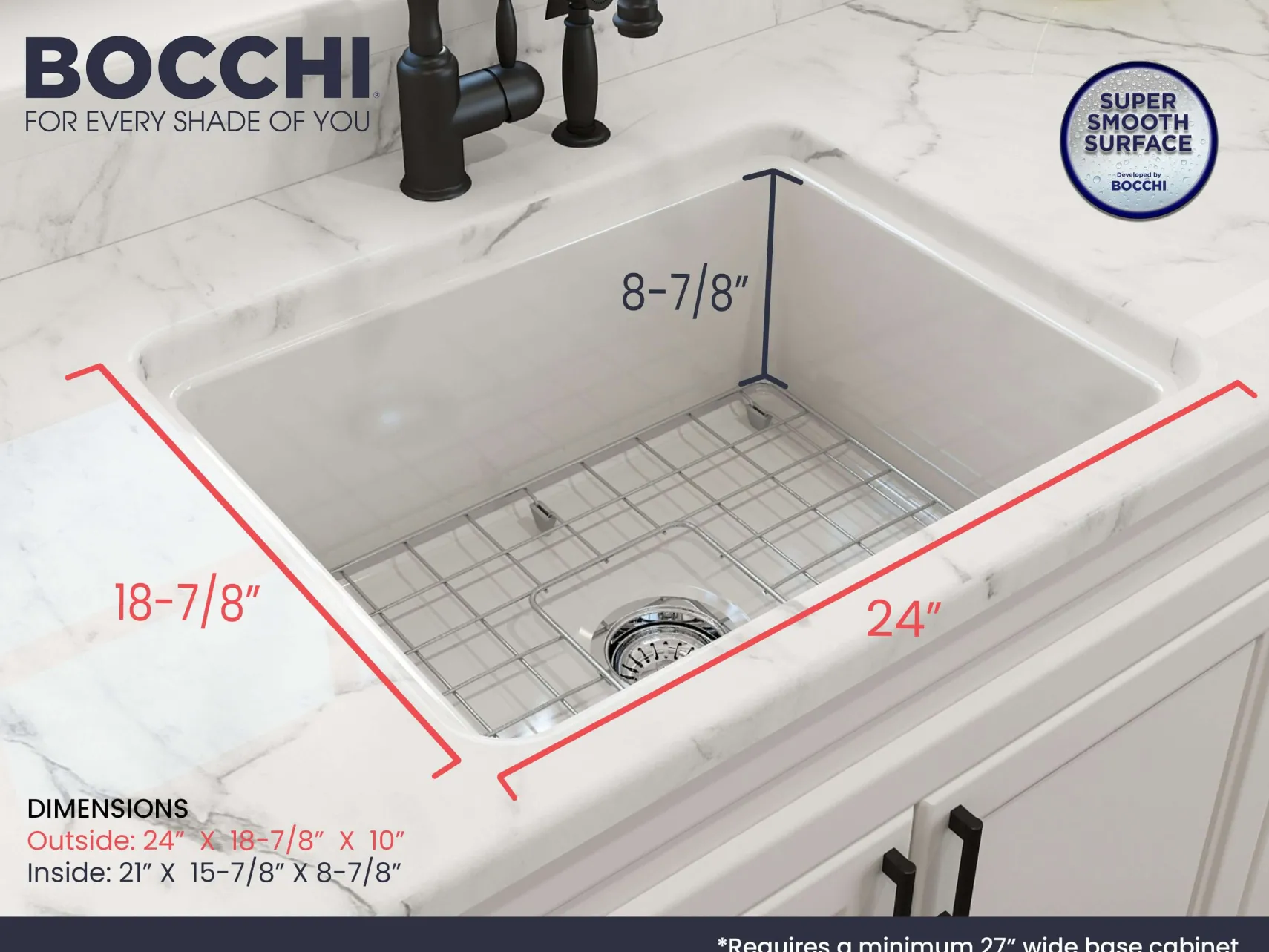 BOCCHI Sotto 24" Dual Mount Fireclay Kitchen Sink Kit with Accessories, White, 1627-001-0120