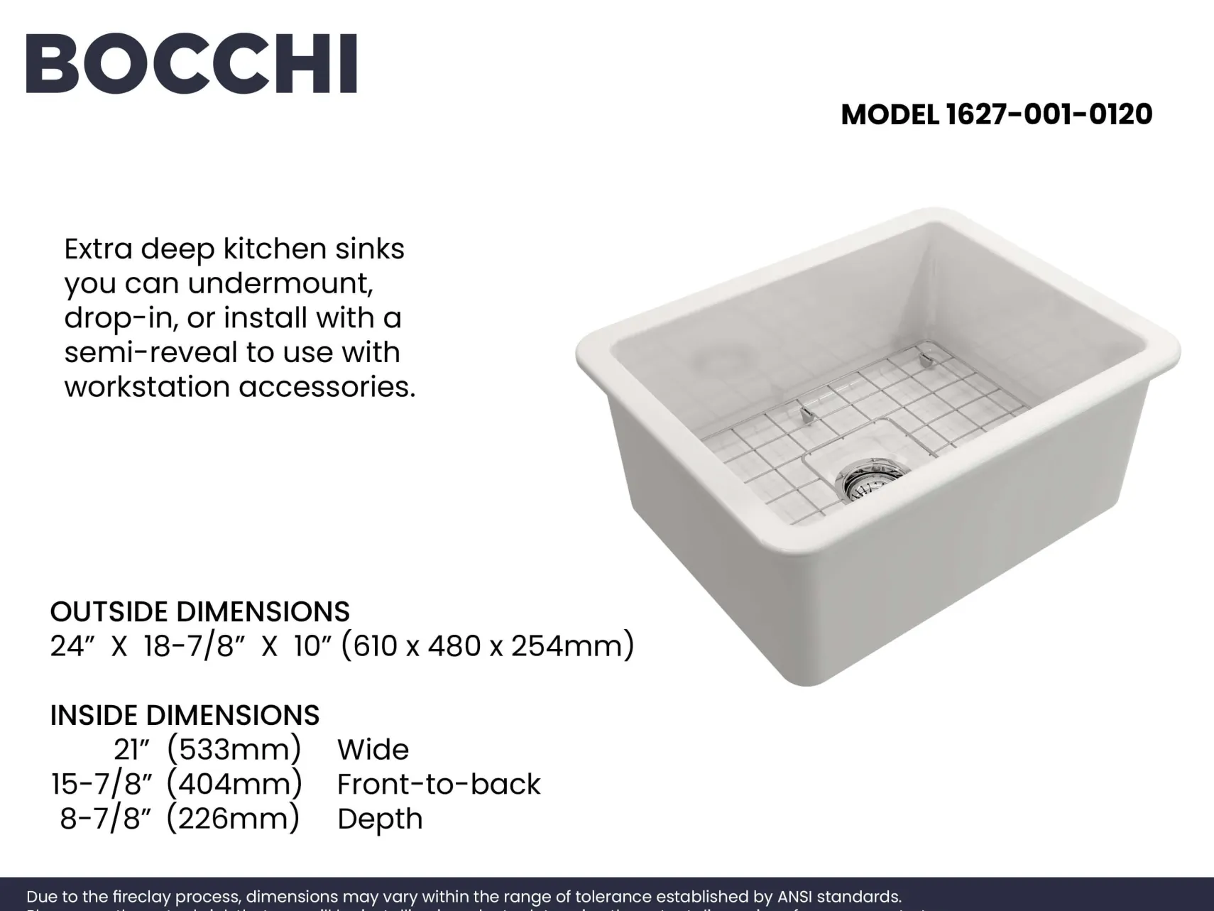 BOCCHI Sotto 24" Dual Mount Fireclay Kitchen Sink Kit with Accessories, White, 1627-001-0120