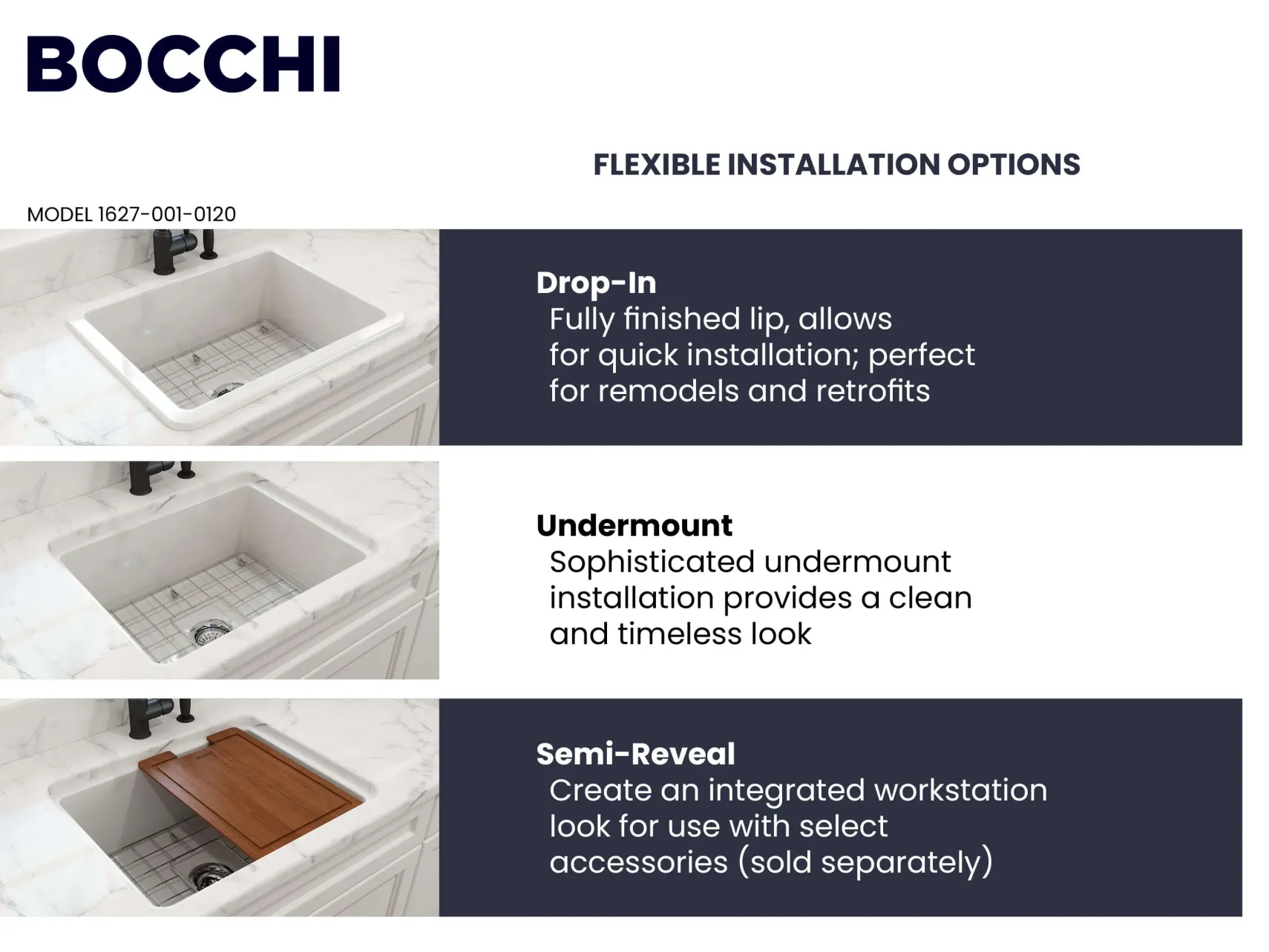 BOCCHI Sotto 24" Dual Mount Fireclay Kitchen Sink Kit with Accessories, White, 1627-001-0120