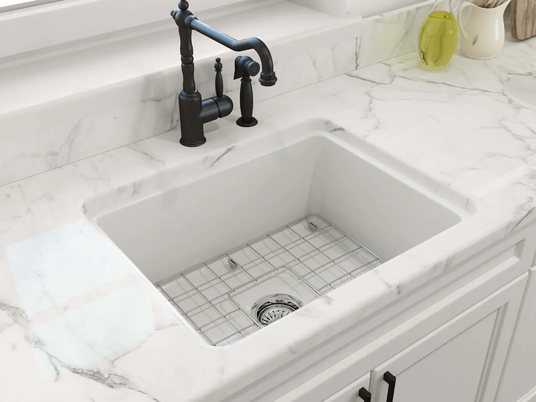 BOCCHI Sotto 24" Dual Mount Fireclay Kitchen Sink Kit with Accessories, Matte White, 1627-002-0120