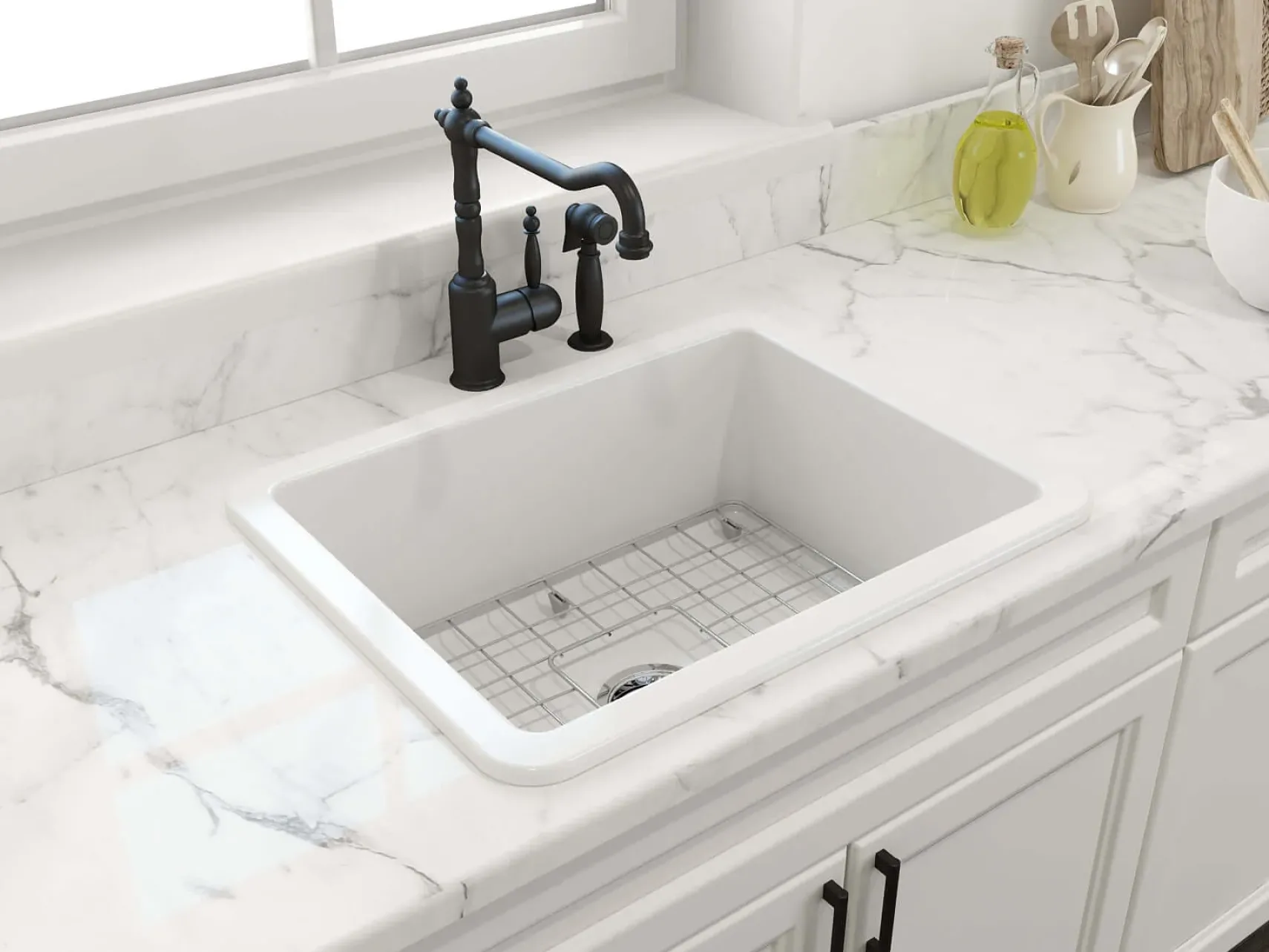 BOCCHI Sotto 24" Dual Mount Fireclay Kitchen Sink Kit with Accessories, Matte White, 1627-002-0120