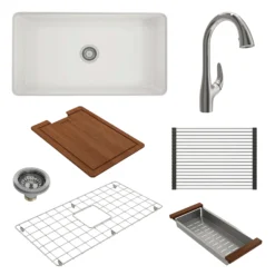 BOCCHI Sotto 32" Dual Mount Fireclay Workstation Kitchen Sink Kit with Faucet and Accessories, White (sink) / Chrome (faucet), 1362-001-2024CH