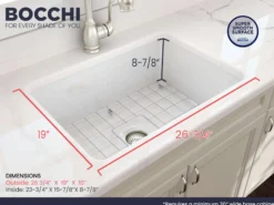 BOCCHI Sotto 27" Fireclay Dual Mount Single Bowl Kitchen Sink Kit with Accessories, White, 1360-001-KIT1