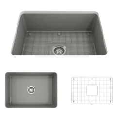BOCCHI Sotto 27" Fireclay Dual Mount Single Bowl Kitchen Sink, Matte Gray, 1360-006-0120
