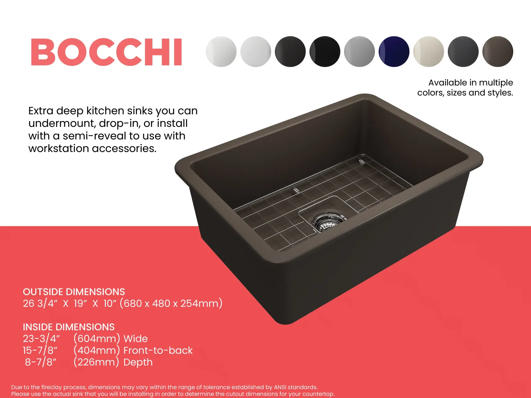 BOCCHI Sotto 27" Fireclay Dual Mount Single Bowl Kitchen Sink, Matte Brown, 1360-025-0120