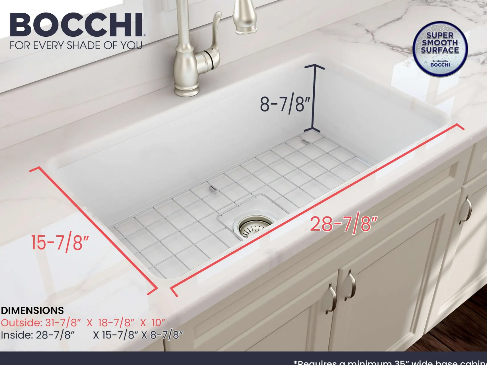 BOCCHI Sotto 32" Fireclay Undermount Single Bowl Kitchen Sink, White, 1362-001-0120