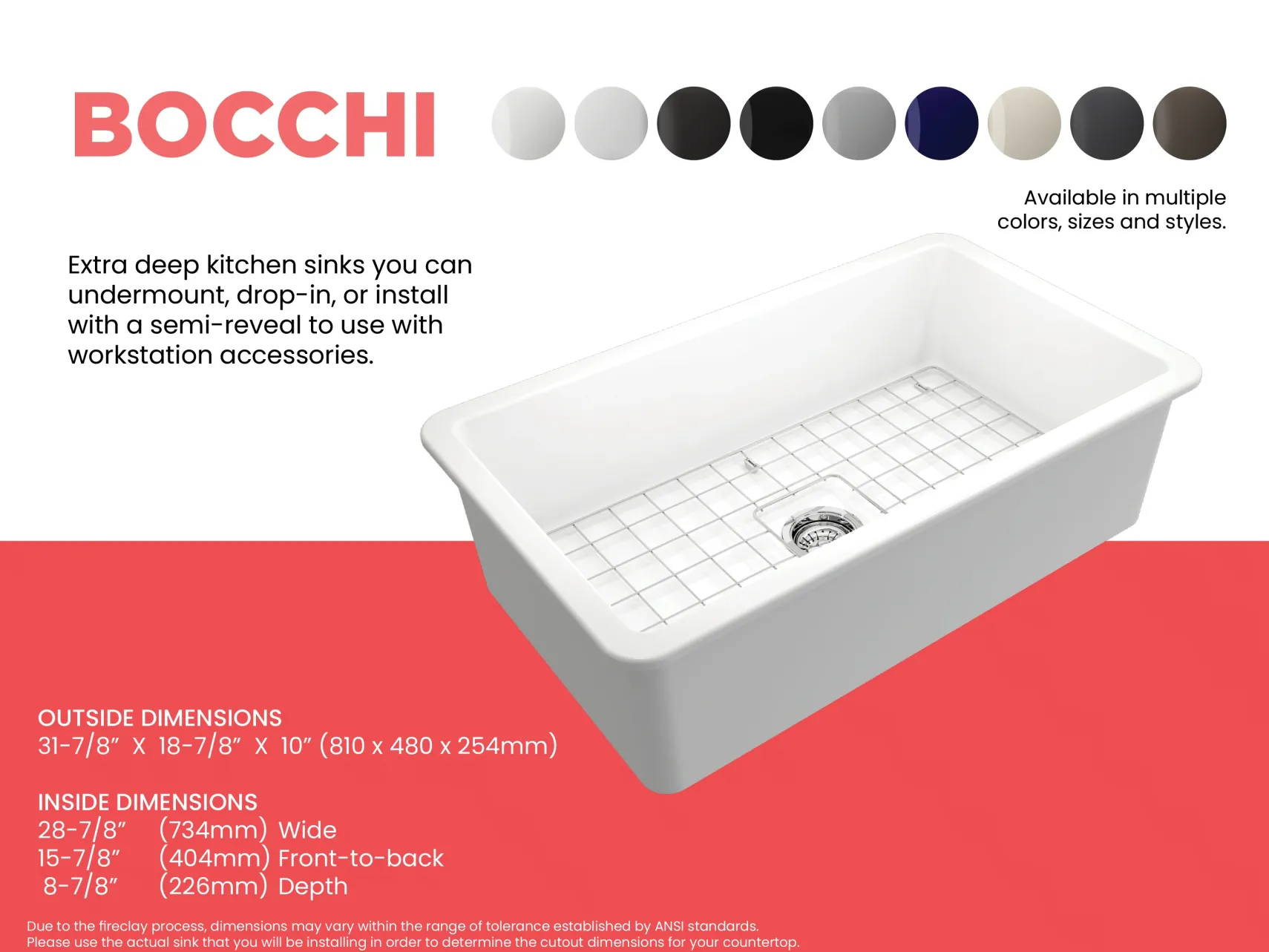 BOCCHI Sotto 32" Fireclay Undermount Single Bowl Kitchen Sink, Matte White, 1362-002-0120