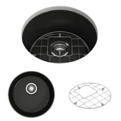 BOCCHI Sotto 18.5" Round Fireclay Undermount Single Bowl Bar Sink with Protective Bottom Grid and Strainer, Matte Black, 1361-004-0120