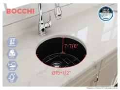 BOCCHI Sotto 18.5" Round Fireclay Undermount Single Bowl Bar Sink with Protective Bottom Grid and Strainer, Matte Black, 1361-004-0120