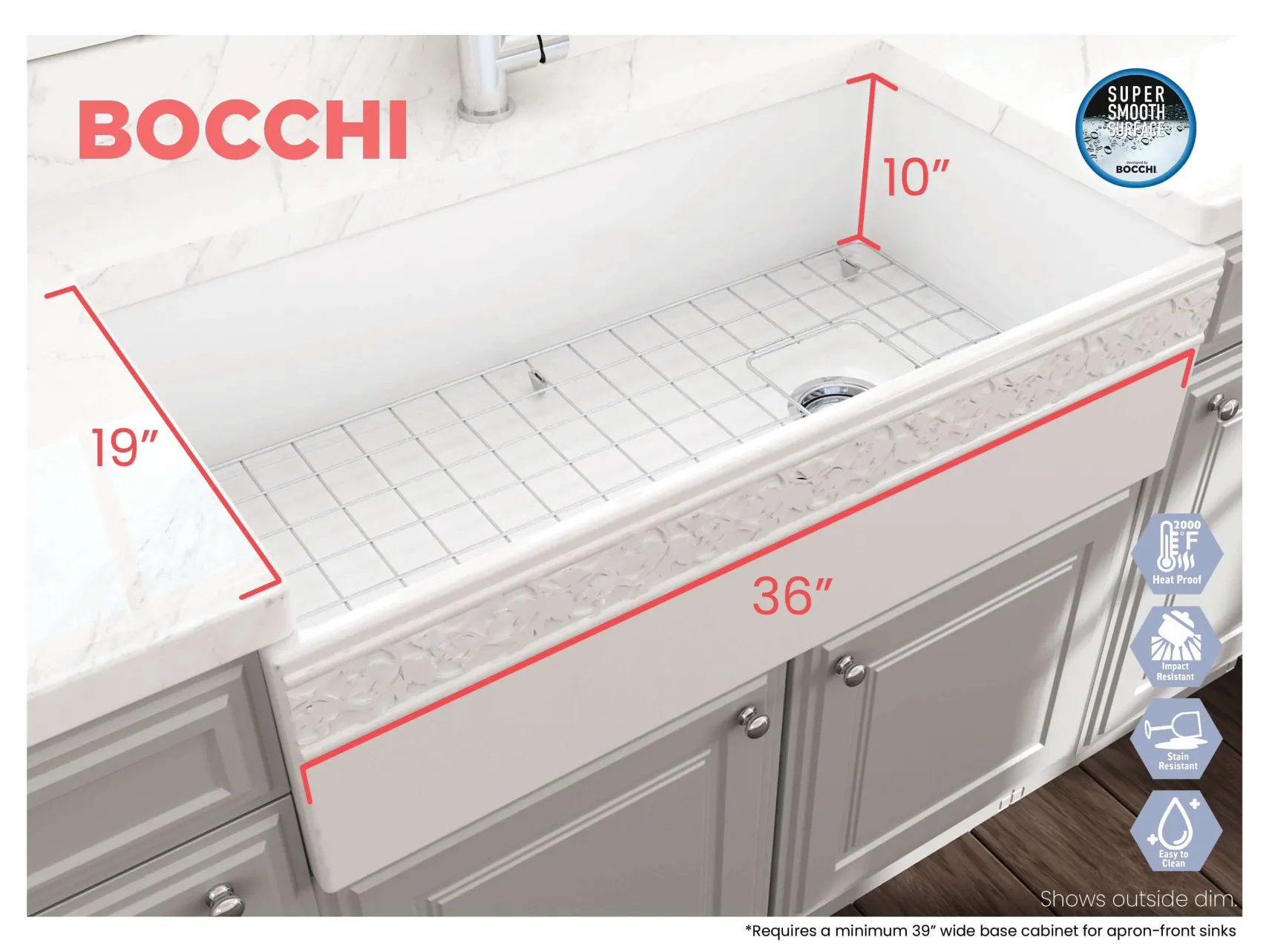 BOCCHI Vigneto 36" Fireclay Farmhouse Apron Single Bowl Kitchen Sink, White, 1355-001-0120
