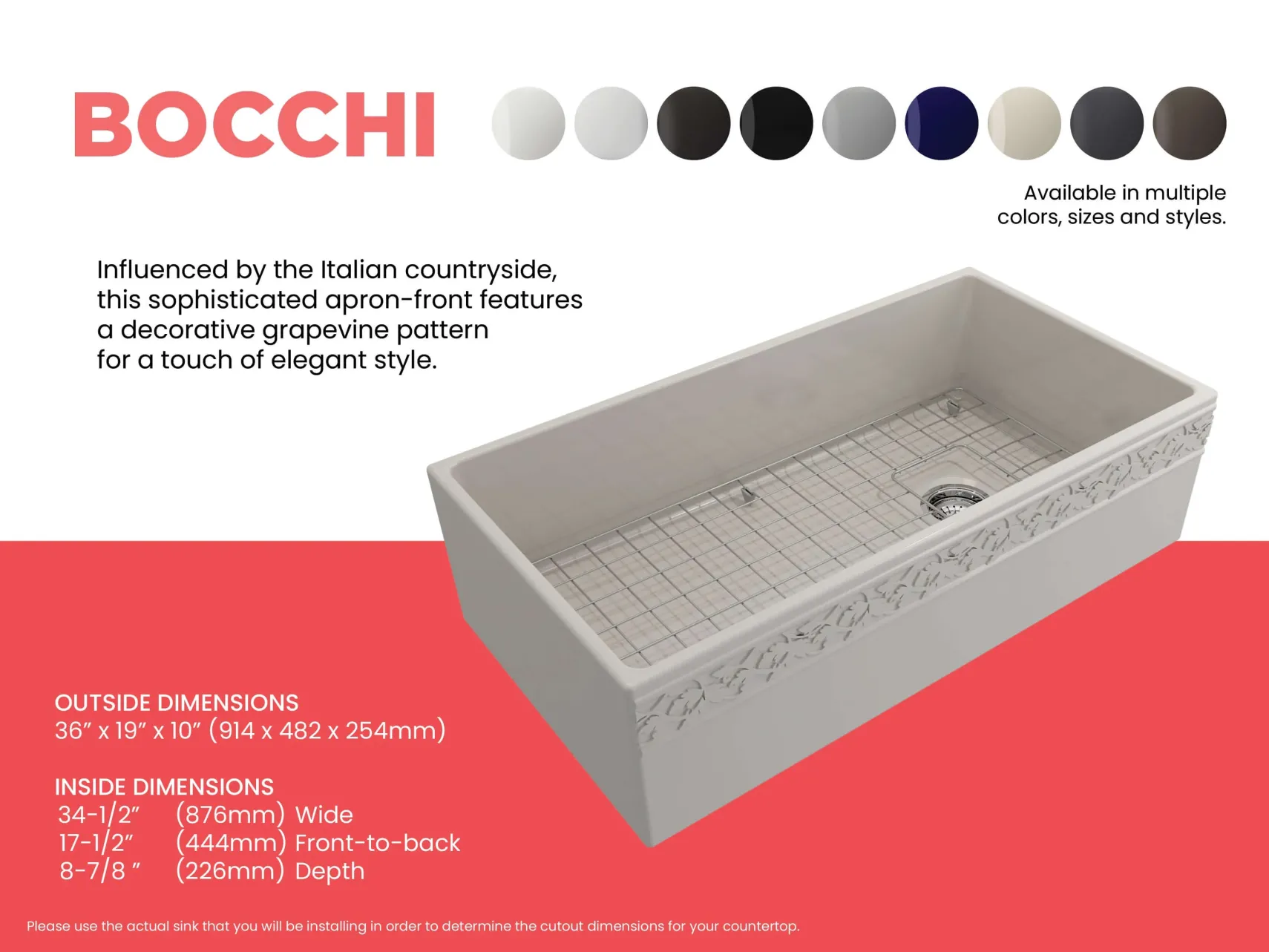BOCCHI Vigneto 36" Fireclay Farmhouse Apron Single Bowl Kitchen Sink, Biscuit, 1355-014-0120
