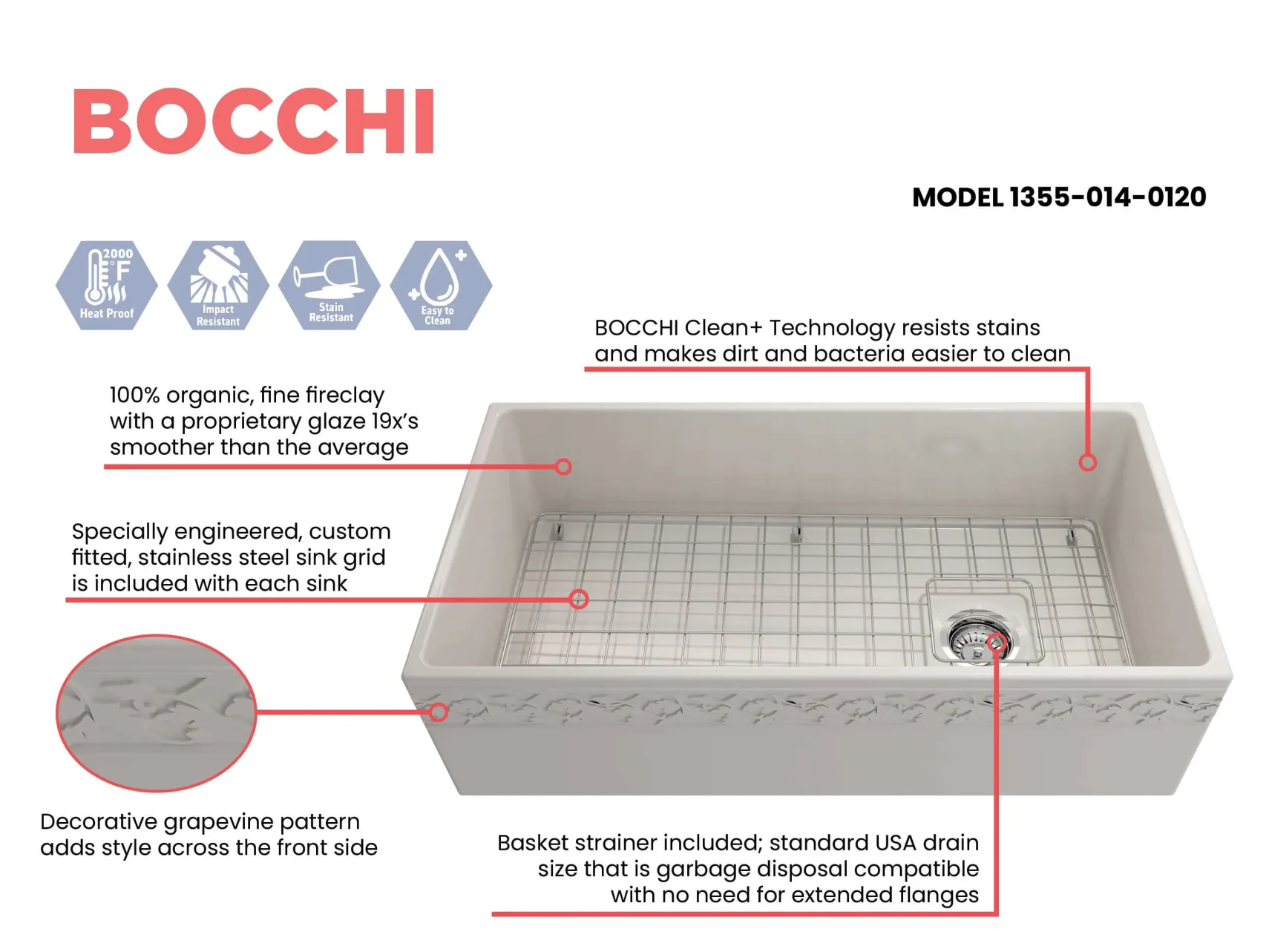 BOCCHI Vigneto 36" Fireclay Farmhouse Apron Single Bowl Kitchen Sink, Biscuit, 1355-014-0120