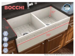 BOCCHI Vigneto 36" Fireclay Farmhouse Apron 50/50 Double Bowl Kitchen Sink, Biscuit, 1351-014-0120