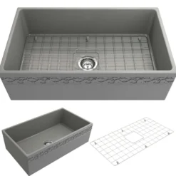 BOCCHI Vigneto 33" Fireclay Farmhouse Apron Single Bowl Kitchen Sink, Matte Gray, 1353-006-0120