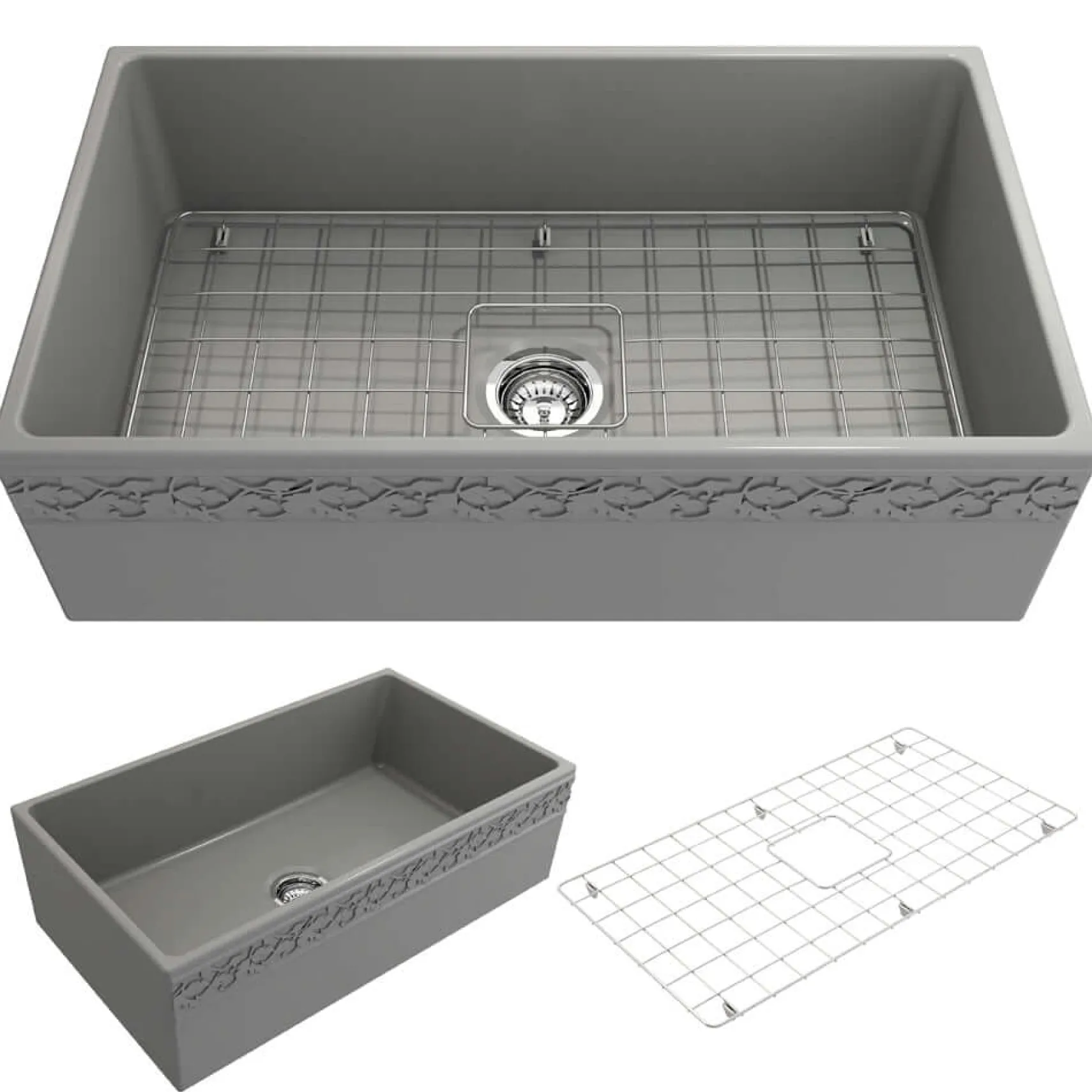 BOCCHI Vigneto 33" Fireclay Farmhouse Apron Single Bowl Kitchen Sink, Matte Gray, 1353-006-0120