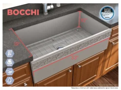 BOCCHI Vigneto 33" Fireclay Farmhouse Apron Single Bowl Kitchen Sink, Matte Gray, 1353-006-0120