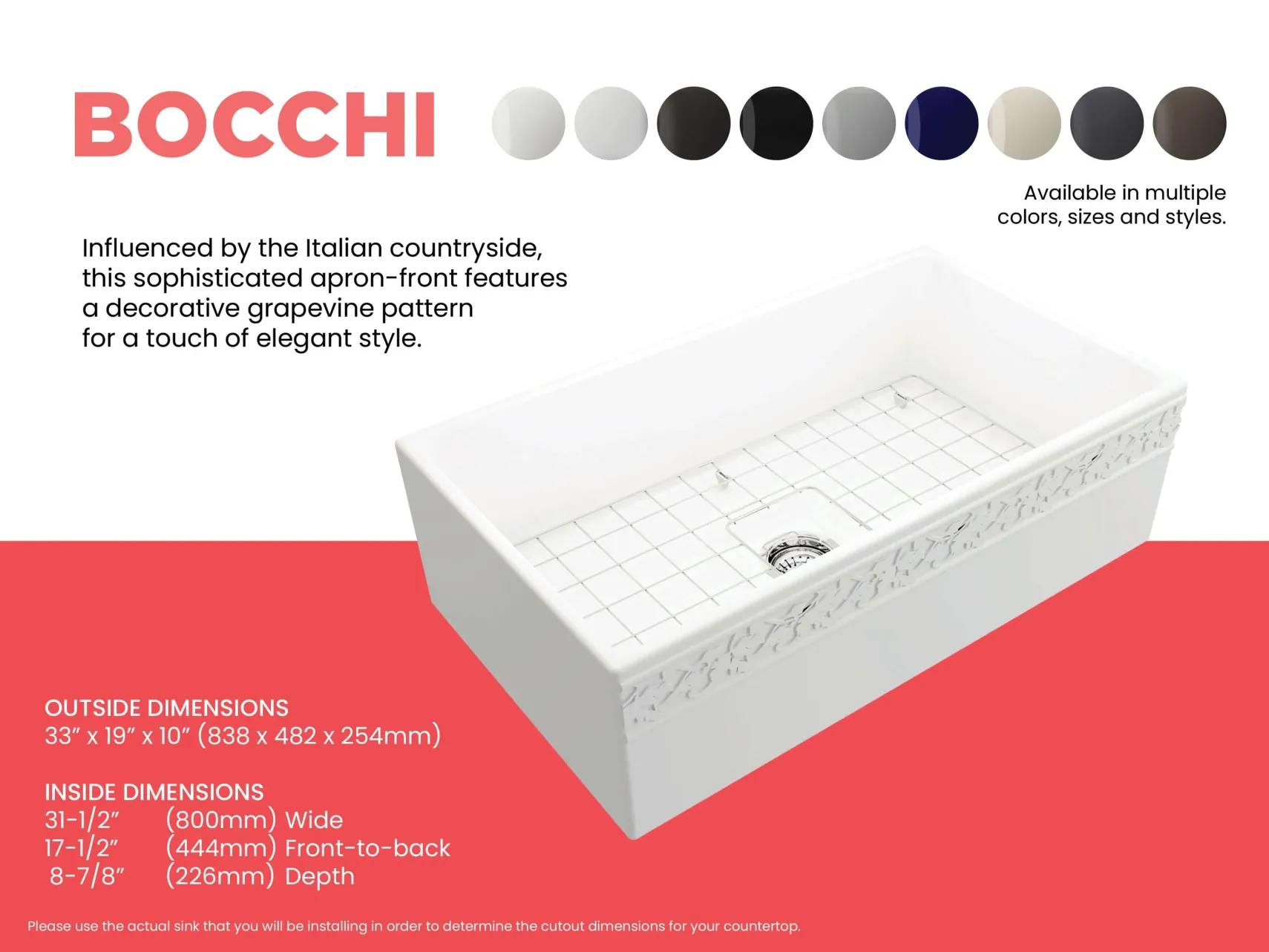 BOCCHI Vigneto 33" Fireclay Farmhouse Apron Single Bowl Kitchen Sink, Matte White, 1353-002-0120