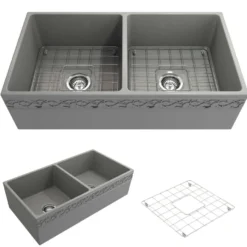BOCCHI Vigneto 36" Fireclay Farmhouse Apron 50/50 Double Bowl Kitchen Sink, Matte Gray, 1351-006-0120