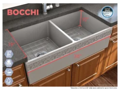 BOCCHI Vigneto 36" Fireclay Farmhouse Apron 50/50 Double Bowl Kitchen Sink, Matte Gray, 1351-006-0120