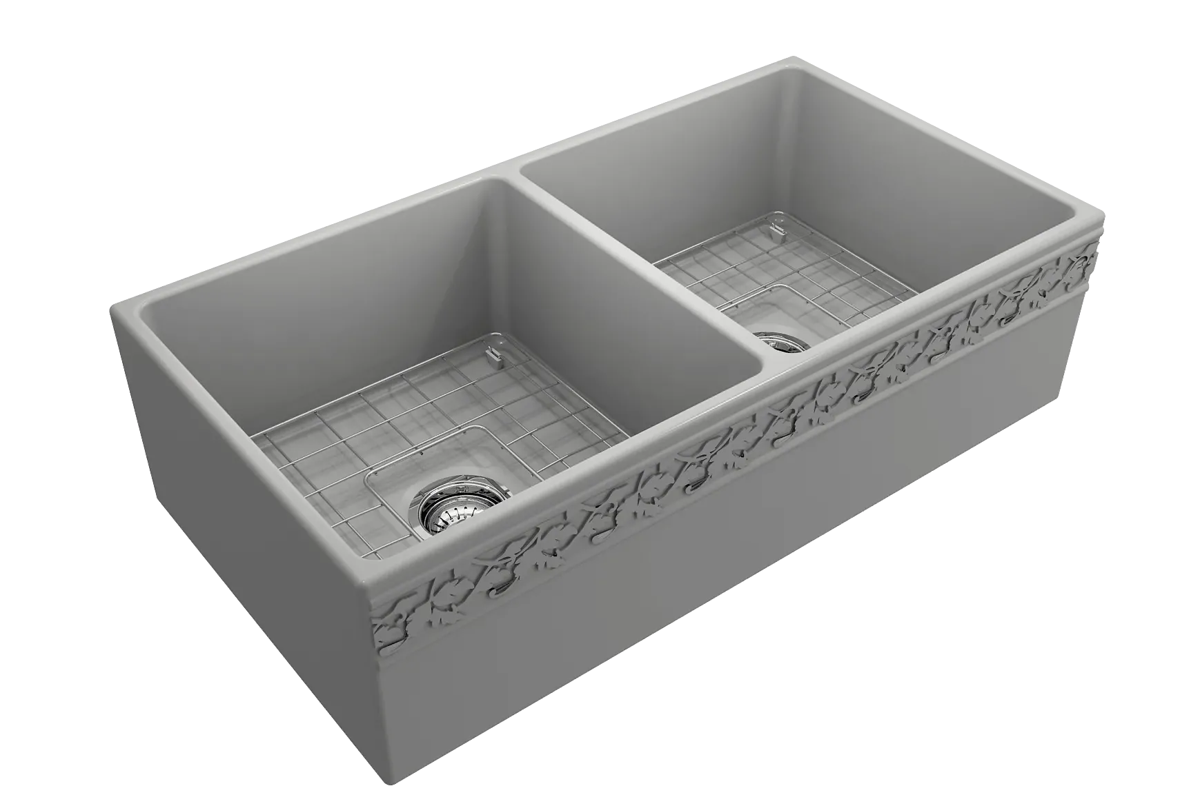 BOCCHI Vigneto 36" Fireclay Farmhouse Apron 50/50 Double Bowl Kitchen Sink, Matte Gray, 1351-006-0120