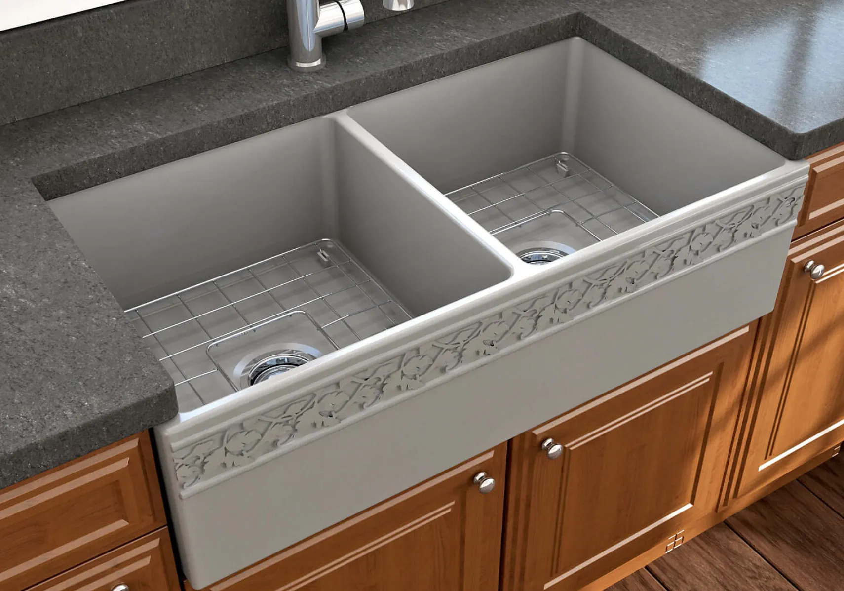 BOCCHI Vigneto 36" Fireclay Farmhouse Apron 50/50 Double Bowl Kitchen Sink, Matte Gray, 1351-006-0120