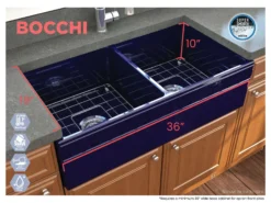 BOCCHI Vigneto 36" Fireclay Farmhouse Apron 50/50 Double Bowl Kitchen Sink, Sapphire Blue, 1351-010-0120