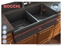 BOCCHI Vigneto 36" Fireclay Farmhouse Apron 50/50 Double Bowl Kitchen Sink, Matte Dark Gray, 1351-020-0120