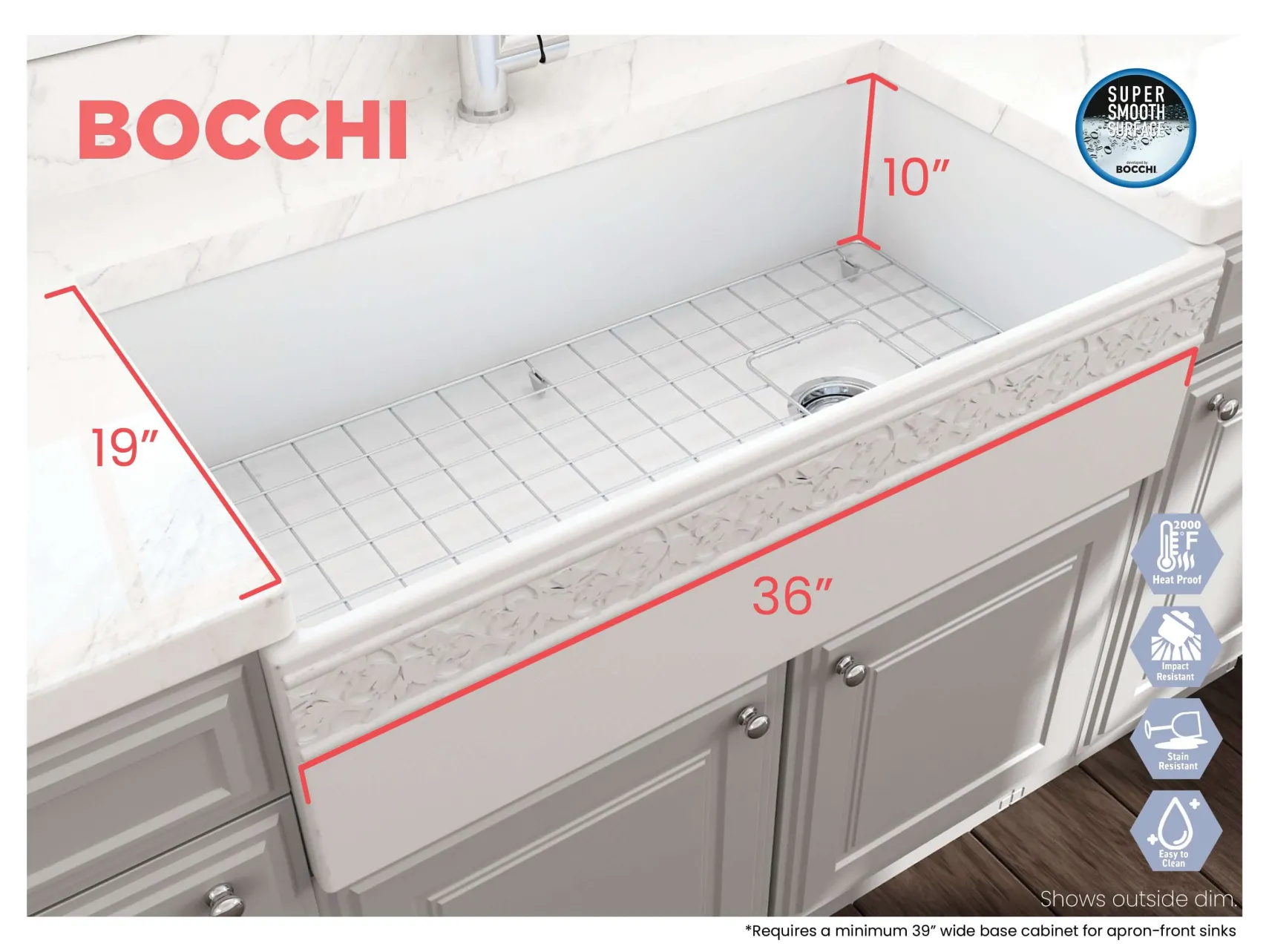 BOCCHI Vigneto 36" Fireclay Farmhouse Apron Single Bowl Kitchen Sink, Matte White, 1355-002-0120