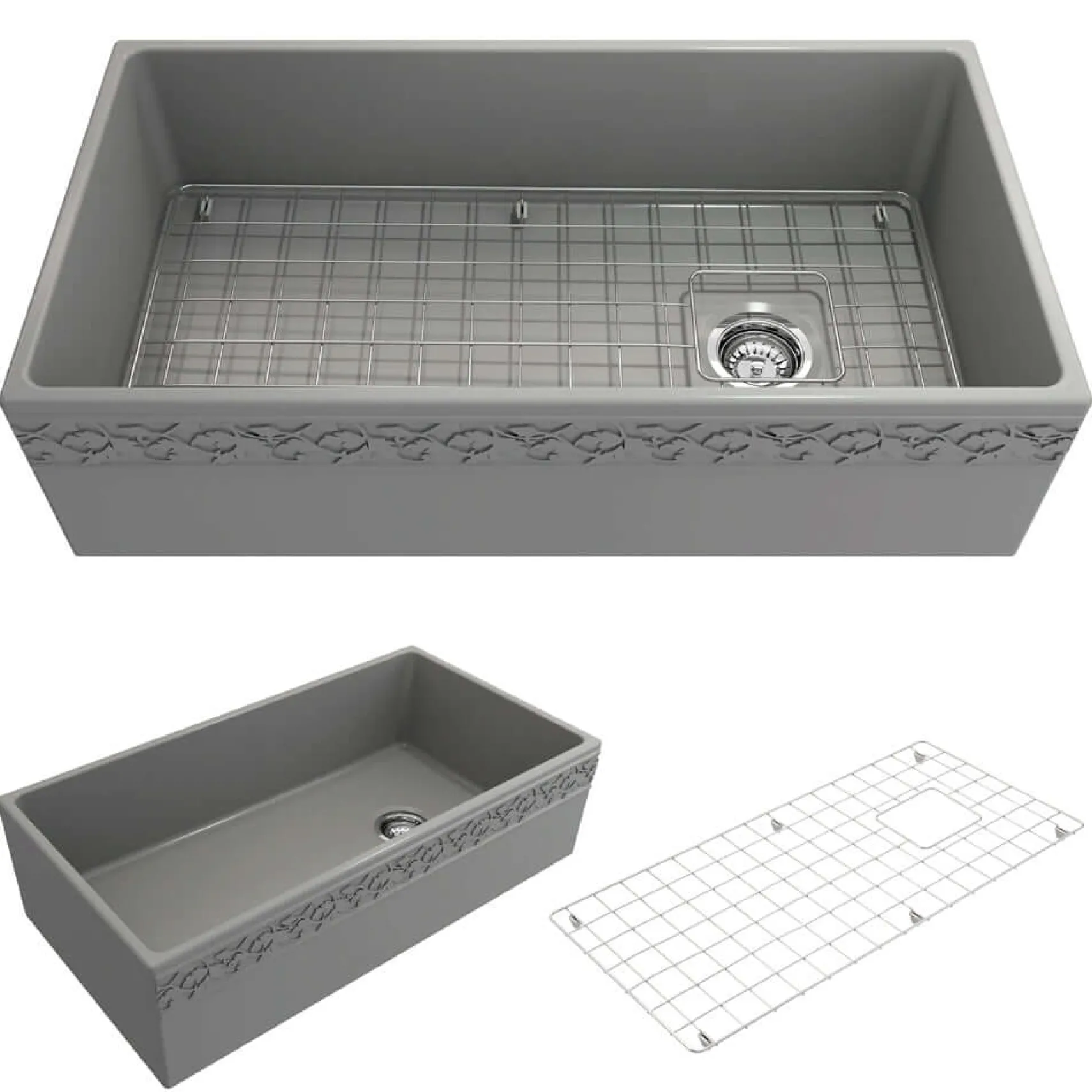 BOCCHI Vigneto 36" Fireclay Farmhouse Apron Single Bowl Kitchen Sink, Matte Gray, 1355-006-0120