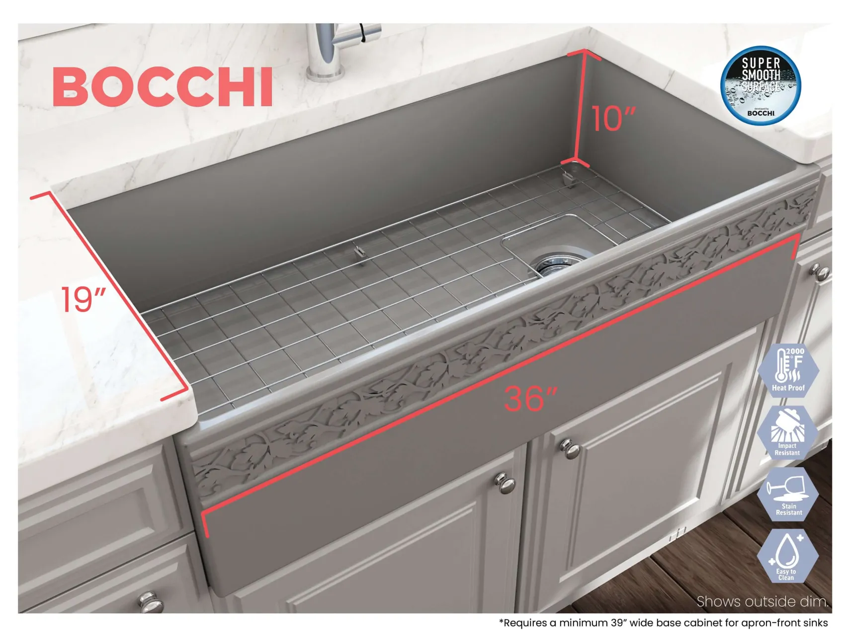 BOCCHI Vigneto 36" Fireclay Farmhouse Apron Single Bowl Kitchen Sink, Matte Gray, 1355-006-0120