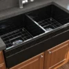 BOCCHI Vigneto 36" Fireclay Farmhouse Apron 50/50 Double Bowl Kitchen Sink, Black, 1351-005-0120