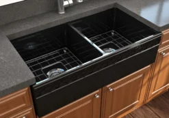 BOCCHI Vigneto 36" Fireclay Farmhouse Apron 50/50 Double Bowl Kitchen Sink, Black, 1351-005-0120