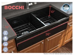 BOCCHI Vigneto 36" Fireclay Farmhouse Apron 50/50 Double Bowl Kitchen Sink, Black, 1351-005-0120