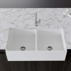 Crestwood 36" Fireclay Farmhouse Sink 50/50 Double Bowl, White, CW-MOD-362-DBL-WHITE