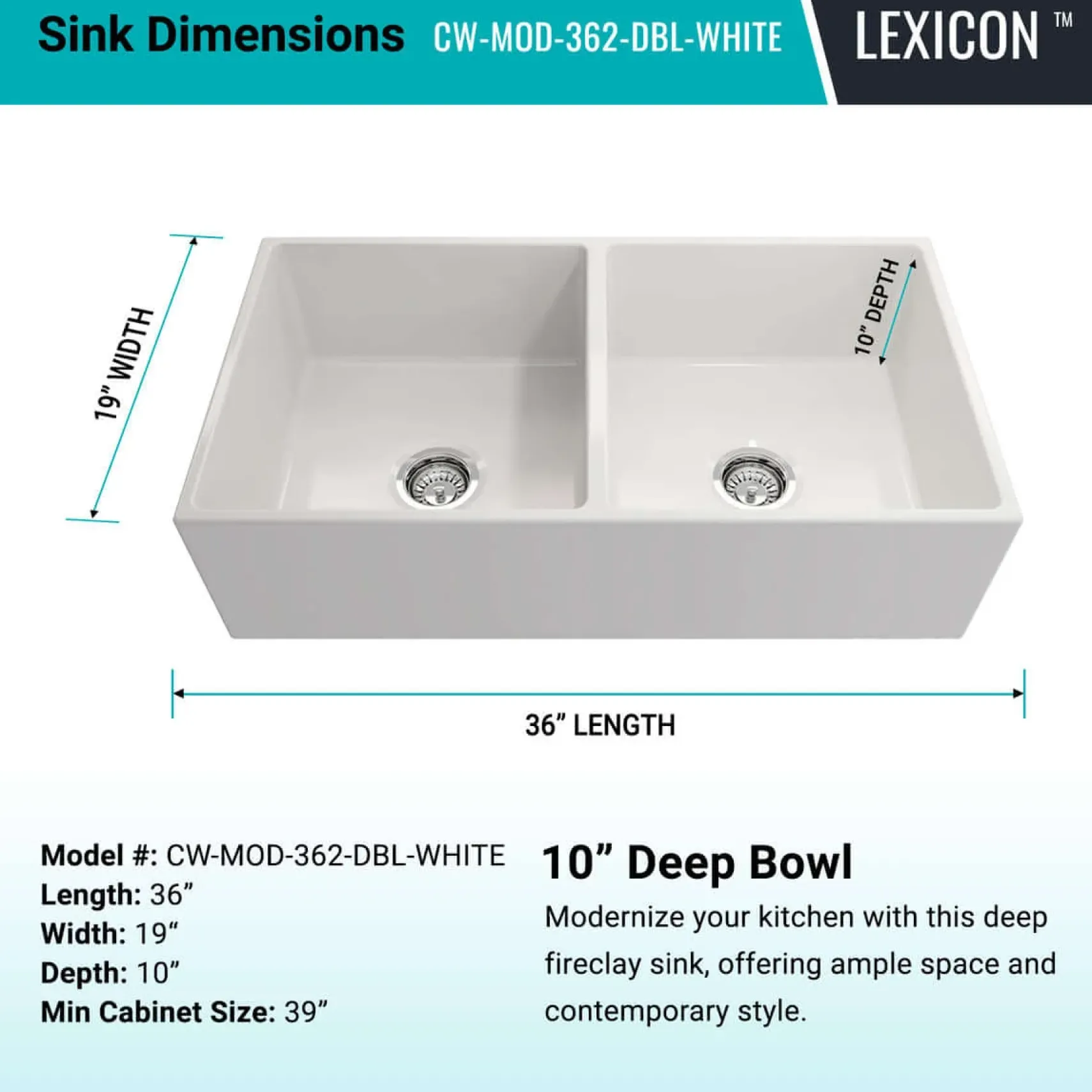 Crestwood 36" Fireclay Farmhouse Sink 50/50 Double Bowl, White, CW-MOD-362-DBL-WHITE