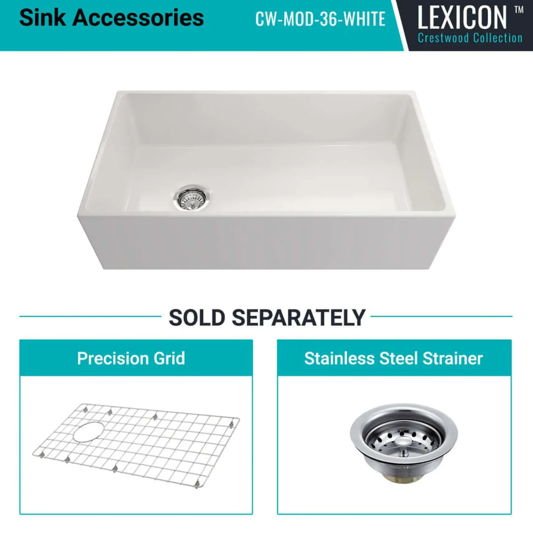 Crestwood 36" Fireclay Farmhouse Sink, White, CW-MOD-36-WHITE