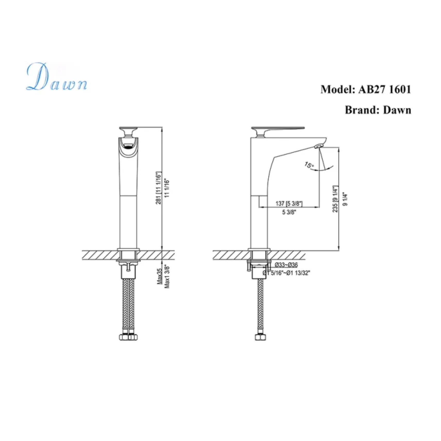 Dawn 11" 1.2 GPM Bathroom Faucet, Chrome, AB27 1601C