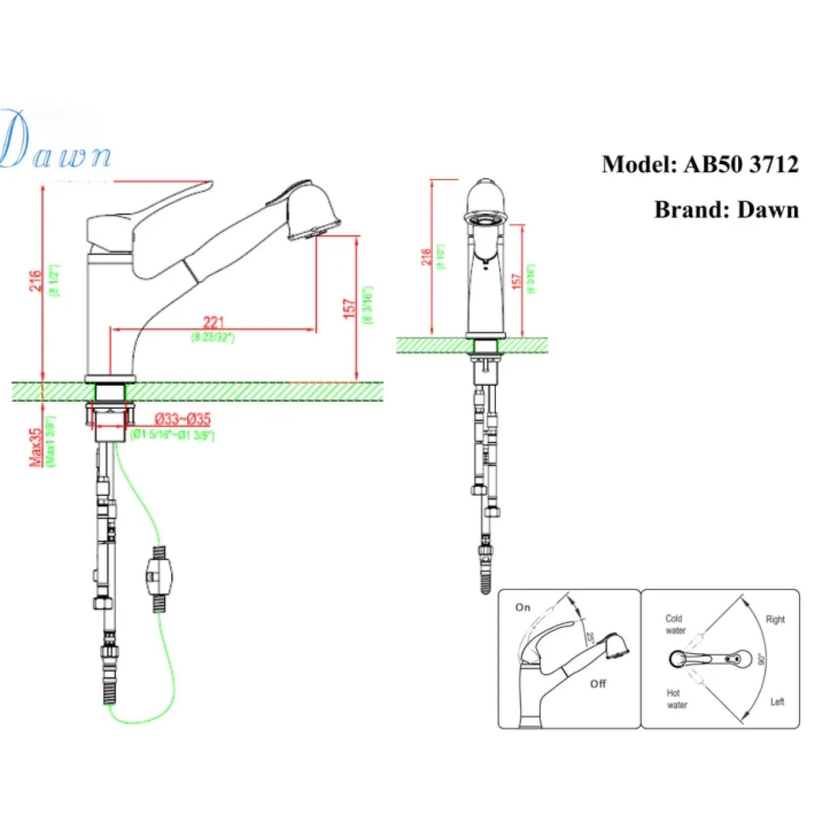 Dawn 9" 1.8 GPM Pull Out Kitchen Faucet, Chrome, AB50 3712C