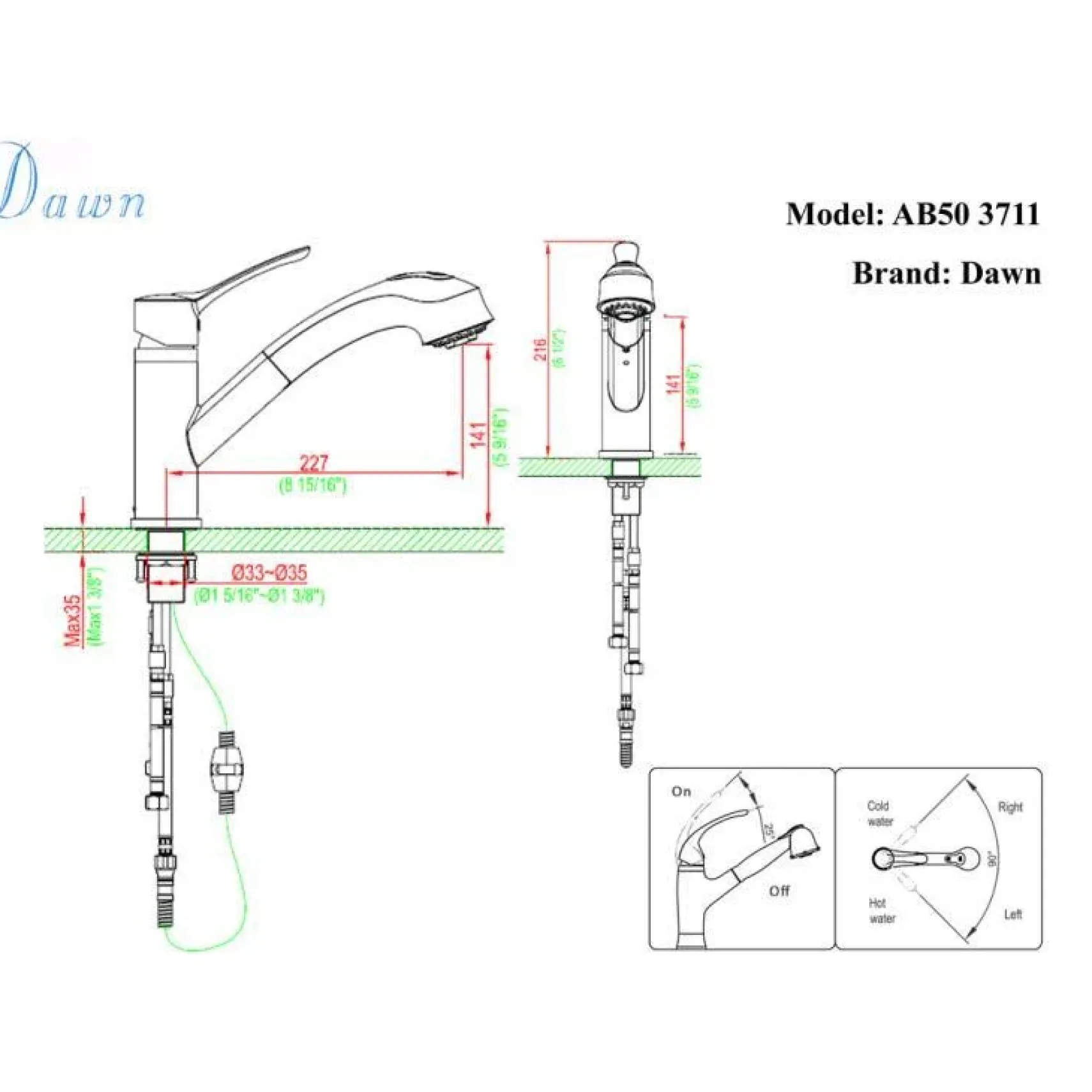 Dawn 9" 1.8 GPM Pull Out Kitchen Faucet, Chrome, AB50 3711C