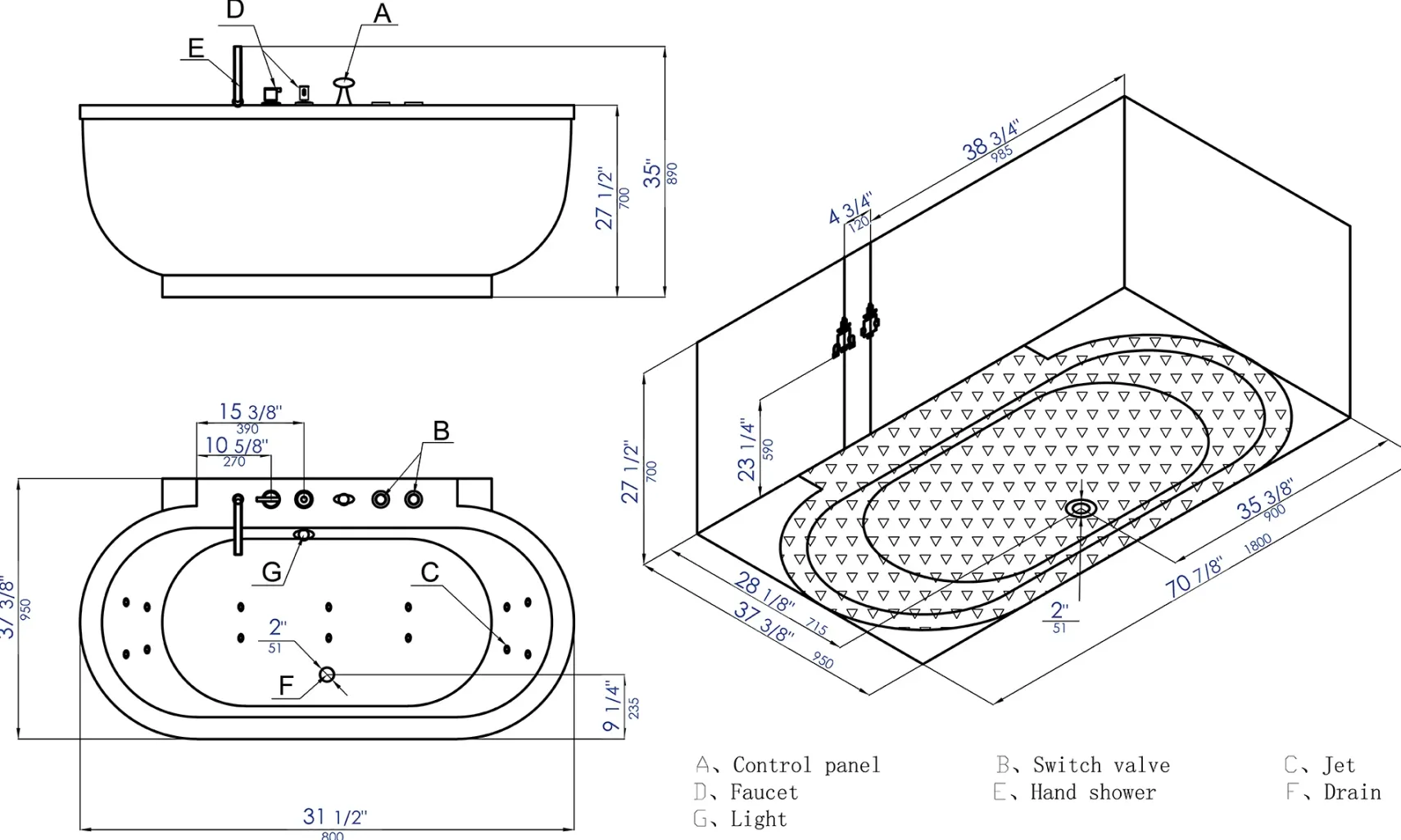 Eago 71" Acrylic Free Standing Oval Bathtub with Fixtures, White, AM128ETL