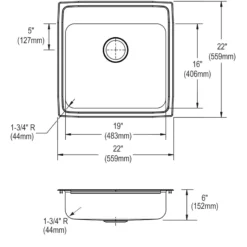 Elkay 22" Drop In/Topmount CuVerro Antimicrobial Copper ADA Kitchen Sink, Lustrous Satin, 1 Faucet Hole, LRAD2222601-CU