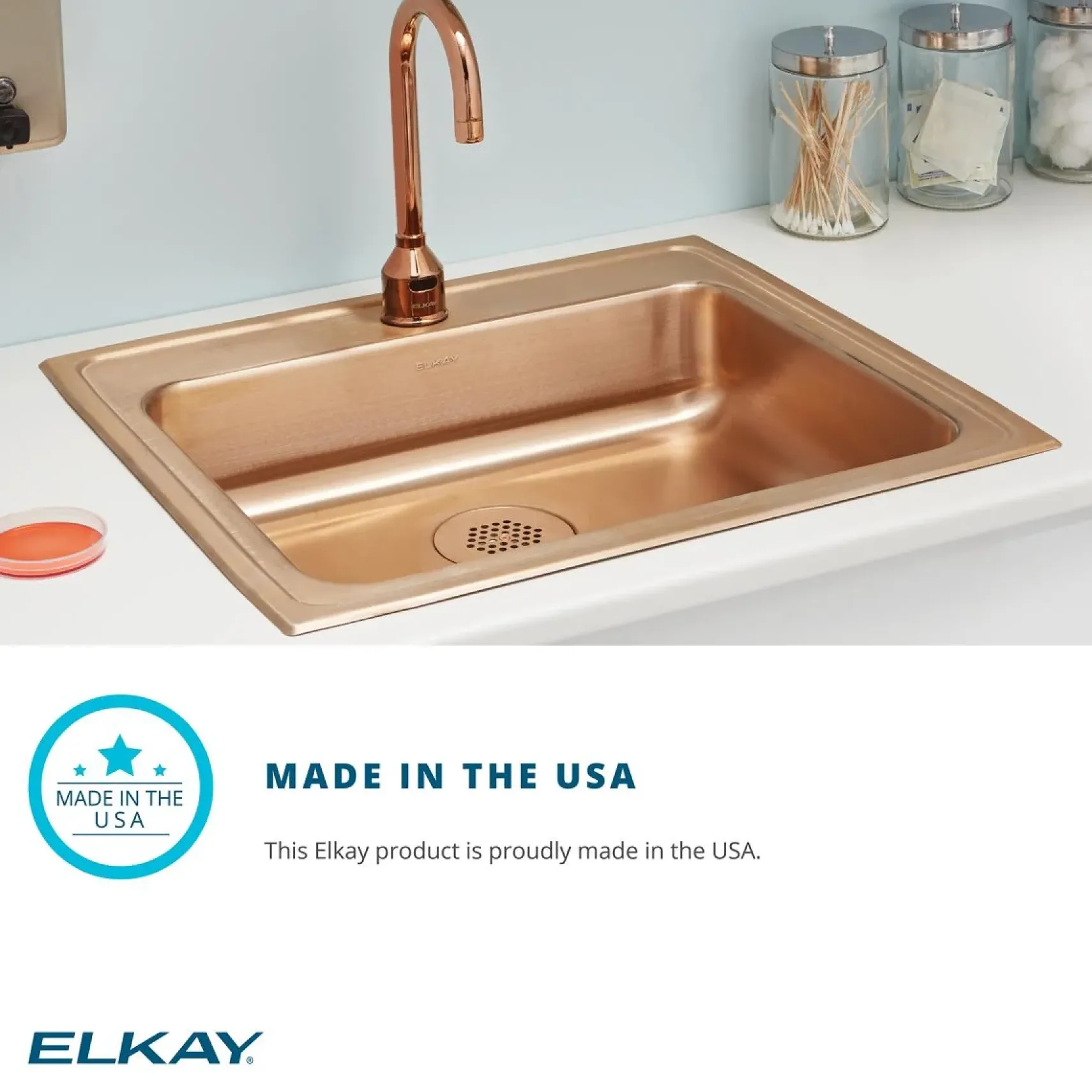 Elkay 13" Drop In/Topmount CuVerro Antimicrobial Copper ADA Kitchen Sink, Lustrous Satin, 1 Faucet Hole, LRAD1316651-CU