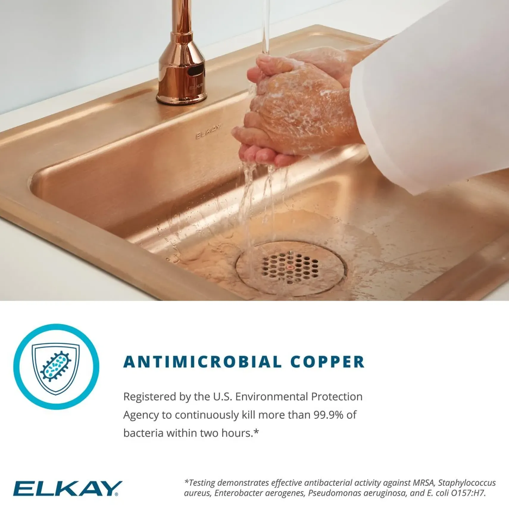 Elkay 15" Drop In/Topmount CuVerro Antimicrobial Copper Kitchen Sink, Lustrous Satin, 2 Faucet Holes, LR15222-CU