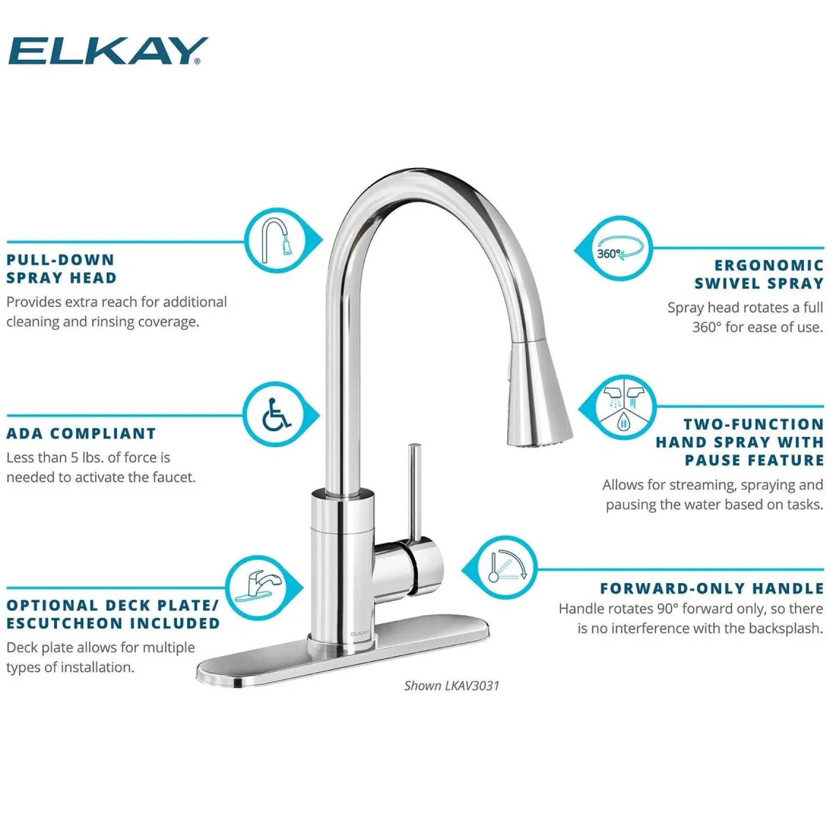 Elkay Avado Forward Only Lever Handle Pull-down Spray Spout Brass ADA Kitchen Faucet, Chrome, LKAV3031CR