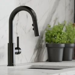 Elkay Avado Lever Handle Pull-down Spray Spout Brass ADA Bar Faucet, Black Stainless, LKAV3032BK