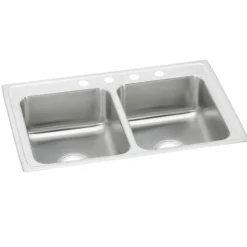 Elkay Celebrity 33" Drop In/Topmount Stainless Steel Kitchen Sink, 50/50 Double Bowl, Brushed Satin, 4 Faucet Holes, PSR33194